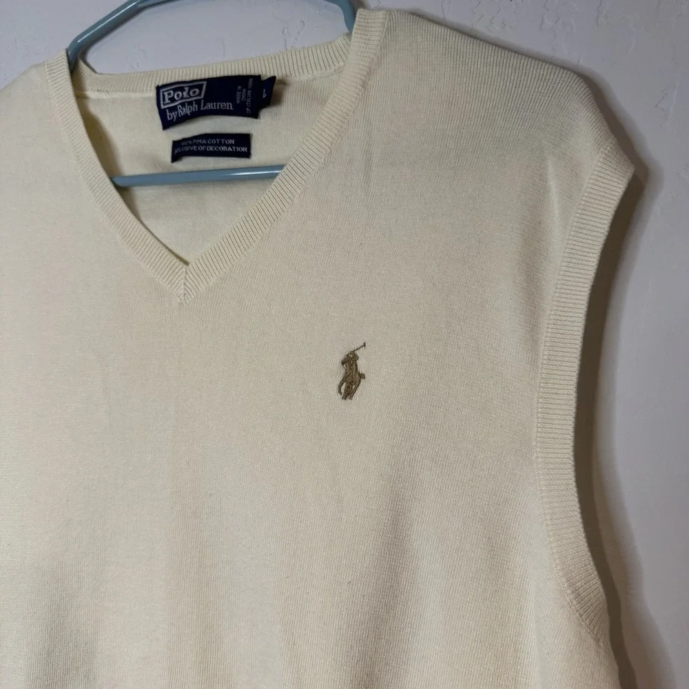 Vtg Polo Ralph Lauren Sweater Vest Mens Large Beige Cream V Neck Pima Cotton 90s